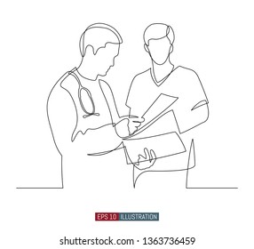Continuous line drawing of two doctors dialog. Hospital scene. Template for your design works. Vector illustration.