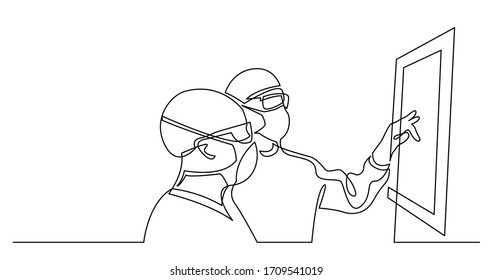 continuous line drawing of two doctors in masks analysing patient records on screen