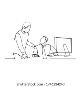Continuous line drawing of two employee men discussion work. Vector illustration