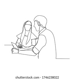 Continuous line drawing of two employee man and woman discussion work. vector illustration
