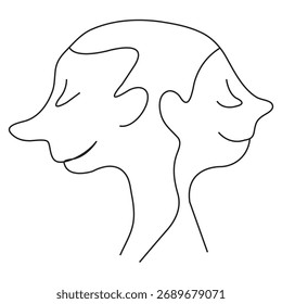 Dibujo continuo de dos caras en el Perfil: arte minimalista que representa la conexión, la dualidad y el concepto de relación humana