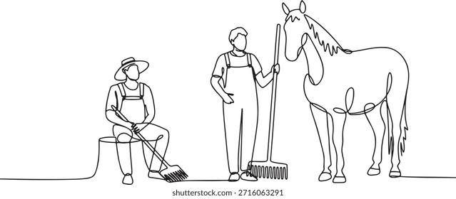 Dibujo de línea continua de dos agricultores con un caballo, escoba y rastrillo. Escena rural, agricultura, agricultura, campo, rancho, trabajo estable, ganado. Hombre sentado con escoba, hombre de pie con rastrillo, y caballo. Encanto rústico.