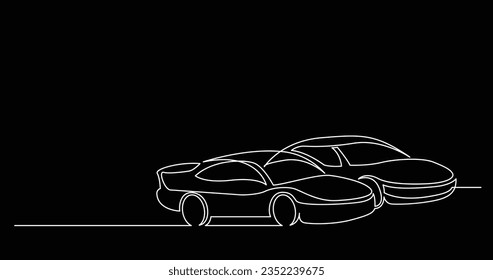 continuous line drawing of two fast racing cars