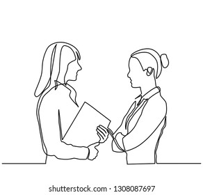 continuous line drawing of two female businesswoman talking. on vector line