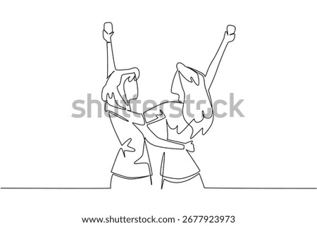 Continuous line drawing of two female best friends hugging and raising glasses in the air, celebrating National Best Friends Day with happiness and excitement in a social lifestyle concept.
