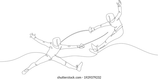 Continuous line drawing of two fencer. Fencing sport vector illustration