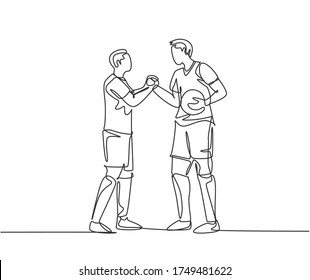 Continuous line drawing of two football player bring a ball and handshaking to show sportsmanship before starting the match. Respect in soccer sport concept. One line drawing vector illustration