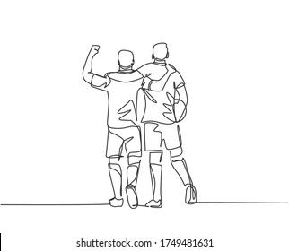 Continuous line drawing of two football player bring a ball and walking together to show sportsmanship. Respect in soccer sport concept. One line drawing vector illustration