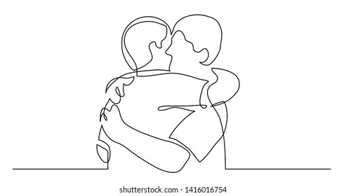 continuous line drawing of two friends meeting hugging each other