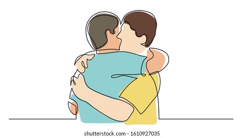 continuous line drawing of two friends meeting hugging each other