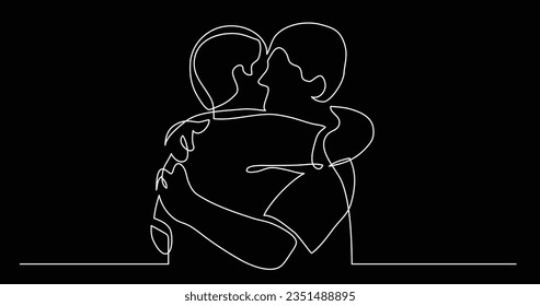 continuous line drawing of two friends meeting hugging each other