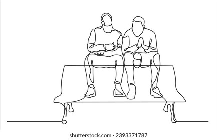 continuous line drawing of two friends talking to each other on top of the bench. the concept of friendship, emotional support, comfort someone a happy moment.