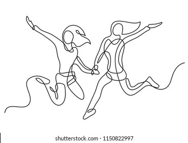 continuous line drawing of two girls jumping