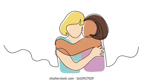 continuous line drawing of two girls hugging each other