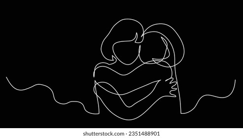 continuous line drawing of two girls hugging each other