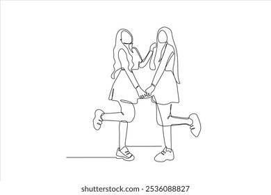 A continuous line drawing of two girls holding hands and posing playfully.