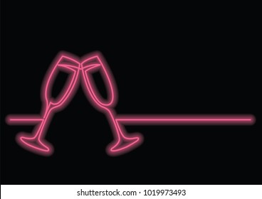 continuous line drawing of two glasses of champagne with neon vector effect