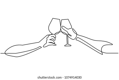 Continuous Line Drawing Two Glasses of Wine in Hands Toasting Creating Splash on White Background. Vector Illustration.