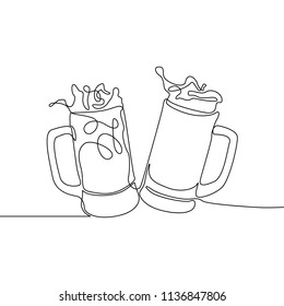 Continuous line drawing two glasses of bear clinking. Beer spray. Vector illustration.