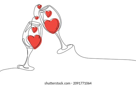 Continuous line drawing of  two glasses of wine in heart shape. Happy valentines day. Concept of romantic date. Vector illustration
