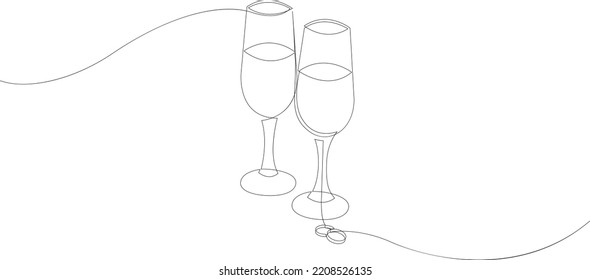 Continuous line drawing of two glasses with champagne and wedding rings. Minimalist one line drawing style. Vector illustration.