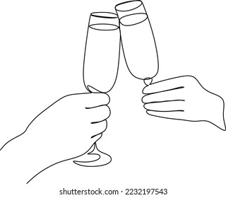 kontinuierliche Zeichnung von zwei Gläsern Champagner. Weißer Hintergrund