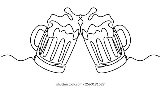 Continuous line drawing two glasses of bear clinking. Beer spray. Vector illustration, Two glasses of beer one line continuous. Line art glasses of beer. Hand drawn vector art, Craft drink alcohol. 