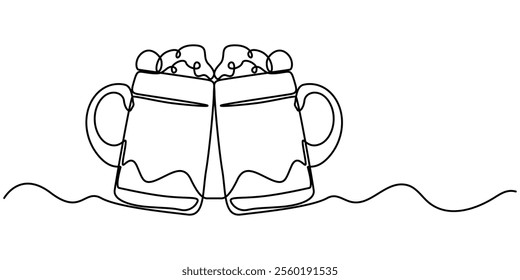 Continuous line drawing two glasses of bear clinking. Beer spray. Vector illustration, Two glasses of beer one line continuous. Line art glasses of beer. Hand drawn vector art, Craft drink alcohol. 