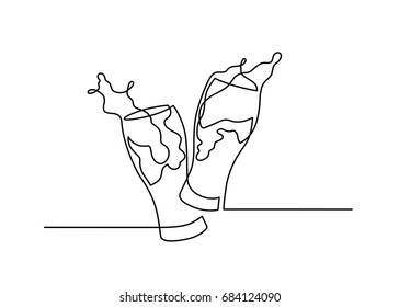 Continuous line drawing two glasses of beer toasting creating splash on white background. Vector illustration.