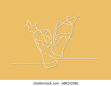 Continuous line drawing two glasses of beer toasting creating splash on yellow background. Vector illustration.