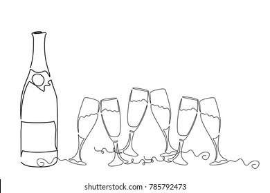 continuous line drawing of two glasses of champagne. white background, a bottle of champagne