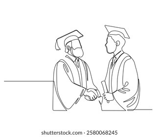 continuous line drawing of two graduates in caps and gowns shaking hands, symbolizing achievement and the celebration of academic success