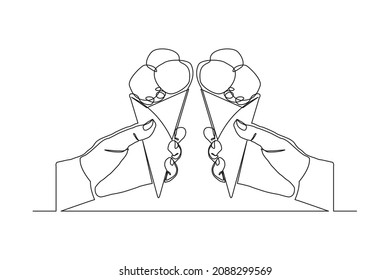 Continuous line drawing two hand hold and cheers delicious fresh of ice cream cone. Single one line art of two hand holding sweet ice cream gelato desert. Vector illustration