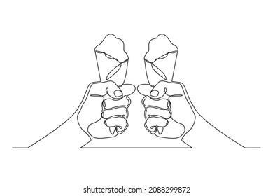Continuous line drawing two hand hold and cheers delicious fresh of ice cream cone. Single one line art of two hand holding sweet ice cream gelato desert. Vector illustration