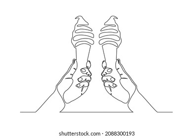 Continuous line drawing two hand hold and cheers delicious fresh of ice cream cone. Single one line art of two hand holding sweet ice cream gelato desert. Vector illustration