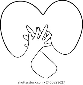 Continuous line drawing of two hand holding hugging heart. Vector illustration