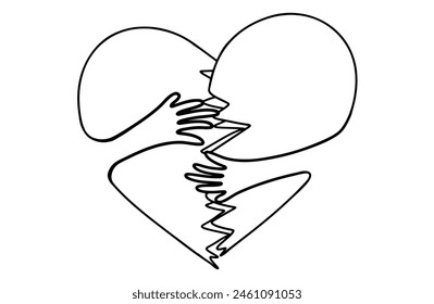 Continuous line drawing of two hand holding hugging heart. Vector illustration