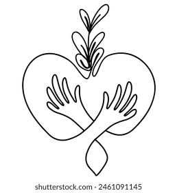 Continuous line drawing of two hand holding hugging heart. Vector illustration