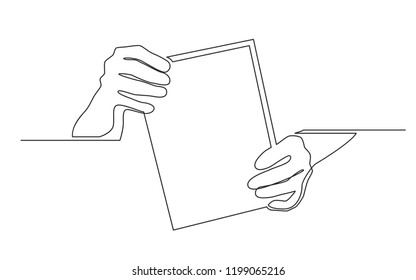continuous line drawing two hands holding blank sheet paper