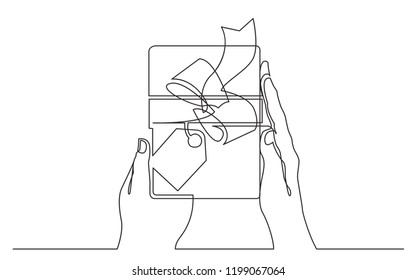 continuous line drawing of two hands holding gift box with ribbon and label