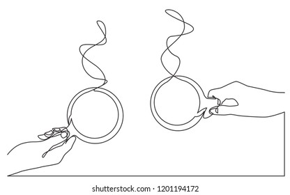 continuous line drawing of two hands holding coffee cups