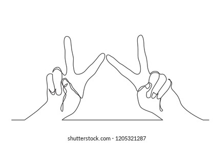 continuous line drawing of two hands showing victory sign