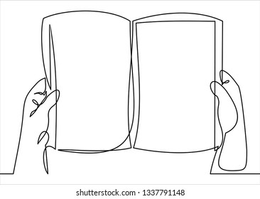 continuous line drawing of two hands holding book 