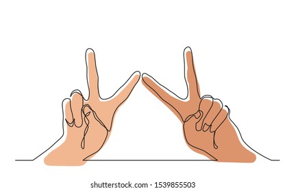 continuous line drawing of two hands showing victory sign