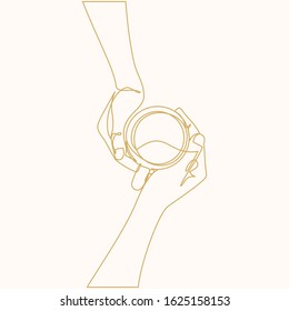 continuous line drawing of two hands holding a glass of coffee