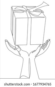 continuous line drawing of two hands holding gift box with ribbon