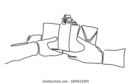 Continuous line drawing of two hands holding gift box with ribbon. continuous line drawing of hand Hands giving gift box. One line couple in love. Christmas present giving. holiday celebration