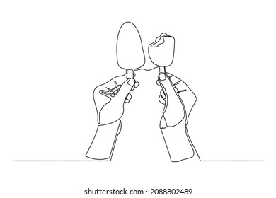 Continuous line drawing of two hands hold and cheers fresh ice cream stick. Single one line art of hand holding delicious sweet and juicy cool ice cream cafe meal menu. Vector illustration