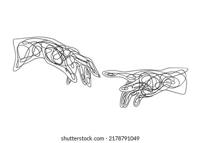 Continuous line drawing of two hands barely touching one another. Simple sketch of two hands isolated on white background. People connecting each other symbol.