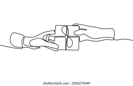 Continuous line drawing of two hands holding gift box with ribbon. continuous line drawing of hand Hands giving gift box. One line couple in love. Christmas present giving. holiday celebration